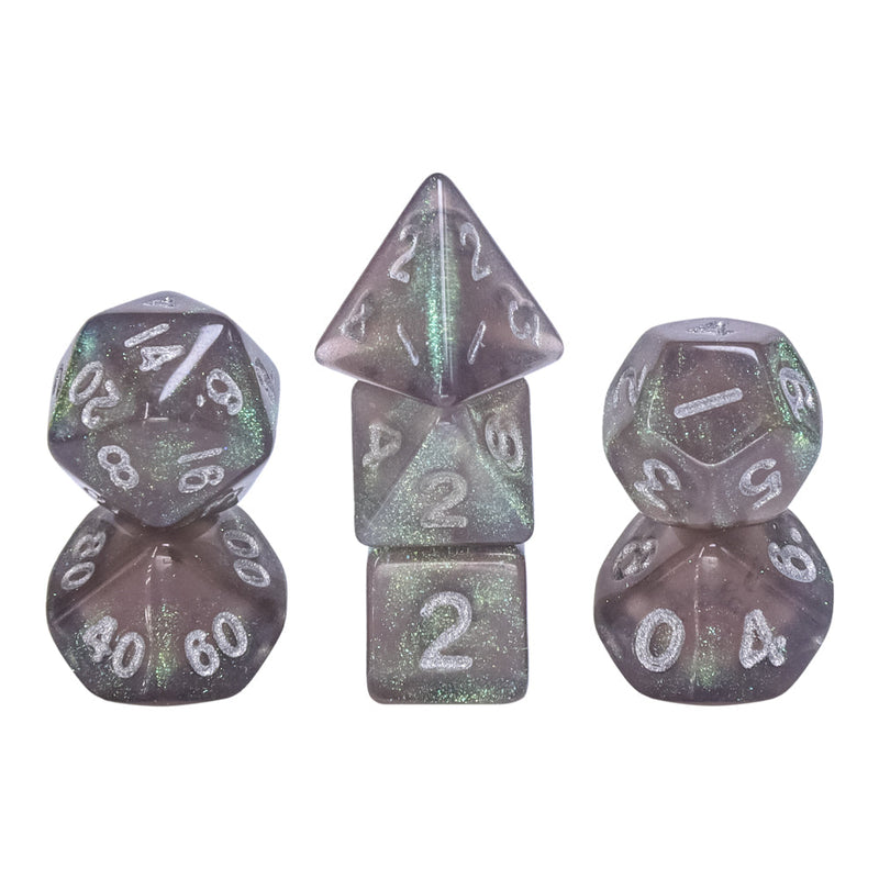 Grey Iridescent 7-Dice Mini-Dice RPG Set w/Silver Numbers Miniature Dice