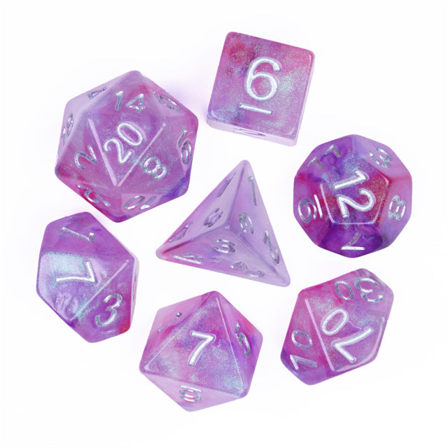 Resin Galaxy Purple 7-Dice Dnd Dice | Glitter w/Silver Numbers Set