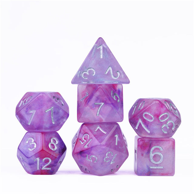 Resin Galaxy Purple 7-Dice Dnd Dice | Glitter w/Silver Numbers Set