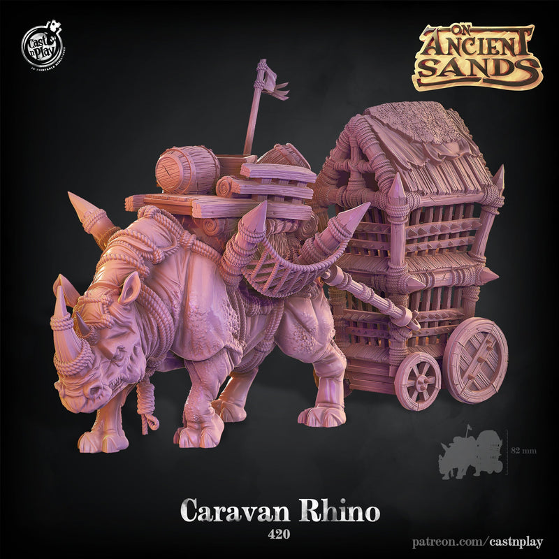 Caravan Rhino – Beast of Burden Miniature with Wagon