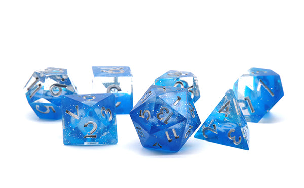 Dreaming of Space 7-Dice Set Resin Sharp Edge RPG DND Blue Glitter