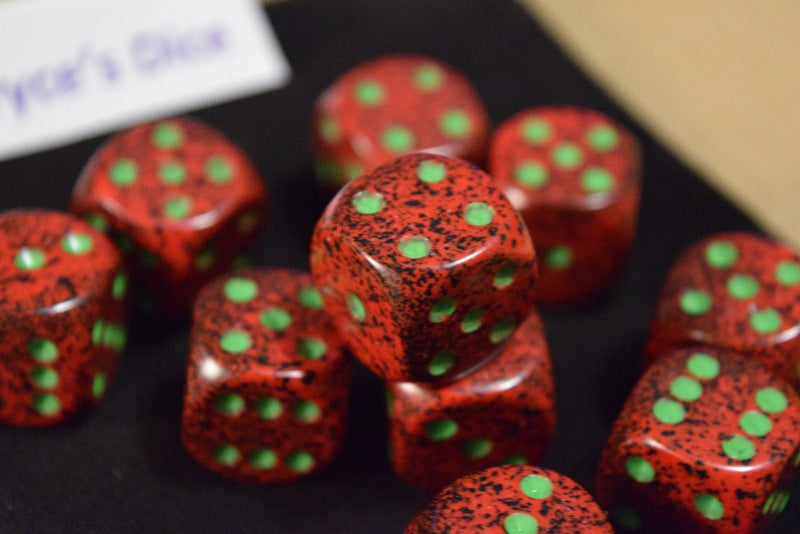 Strawberry Speckled 16mm D6 Pipped | Red/Black/Green (sold per piece)