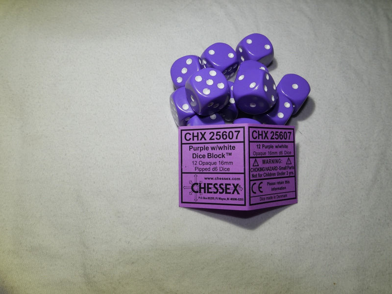 Opaque 16mm D6 RPG Chessex Dice (10 Dice) - Purple - Opaque Purple w/ White Pips