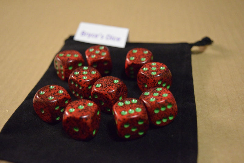 Strawberry Speckled 16mm D6 Pipped | Red/Black/Green (sold per piece)