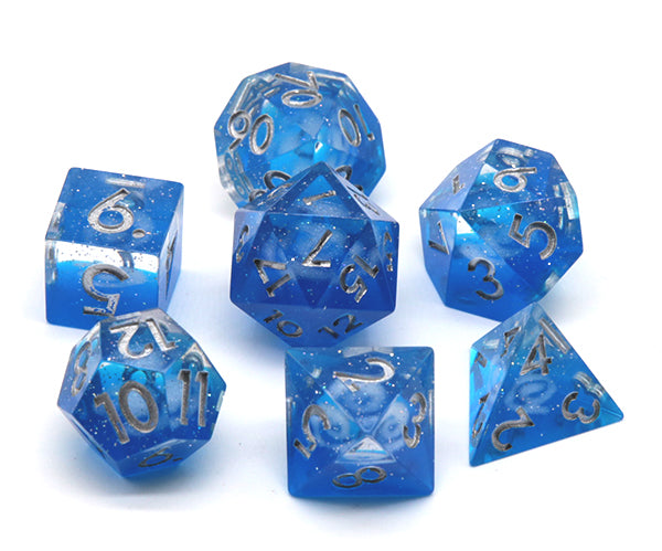 Dreaming of Space 7-Dice Set Resin Sharp Edge RPG DND Blue Glitter