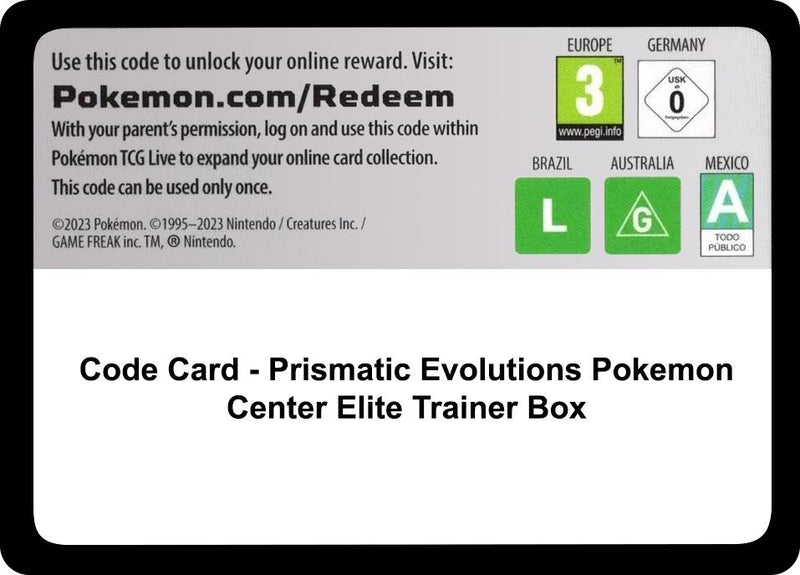 Code Card - Prismatic Evolutions Pokemon Center Elite Trainer Box
