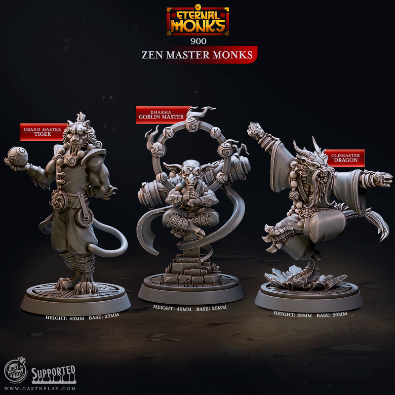 Zen Master Monks – Tabaxi, Goblin, and Dragonborn Martial Master Miniatures