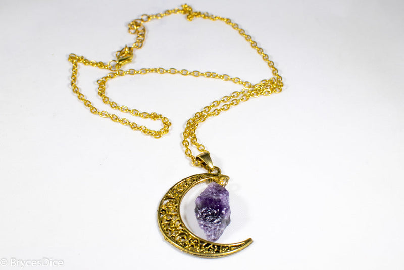 Amethyst Gold Metal Crescent Moon Necklace Pendant