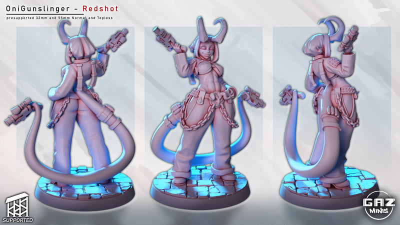 Redshot - Oni Gunslinger Miniature – Tiefling with Pistols (32mm & 55mm, SFW/NSFW)