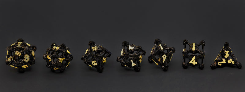 Black w/Gold Deadly Skull Dice Hollow Metal 7-Dice Set