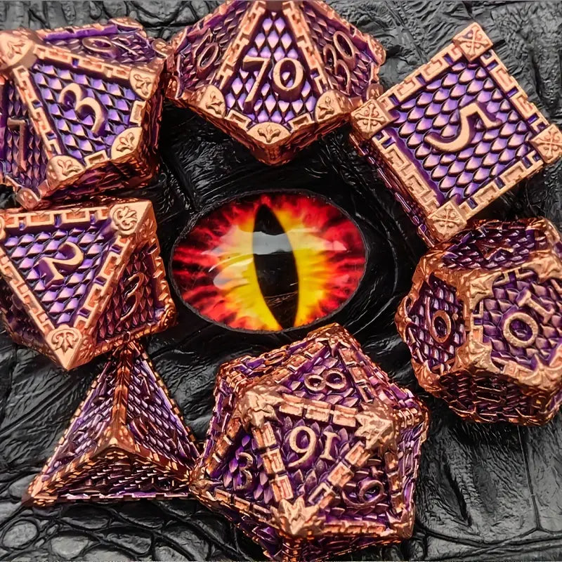 Metal Dice Set 7 Pieces Polyhedral Dragon Scale Metal Dice Gift Toys With Game Dice (Rose Golden + Purple) Purple-108