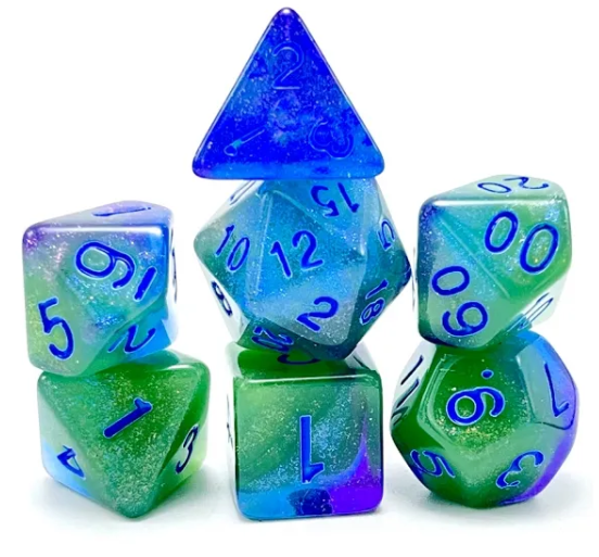 Glowing Sea 7-Dice Set Green/Blue w/Blue Glow-in-Dark Dnd Dice