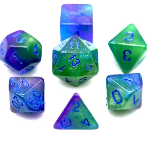 Glowing Sea 7-Dice Set Green/Blue w/Blue Glow-in-Dark Dnd Dice