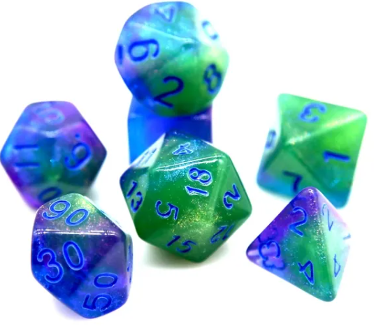 Glowing Sea 7-Dice Set Green/Blue w/Blue Glow-in-Dark Dnd Dice