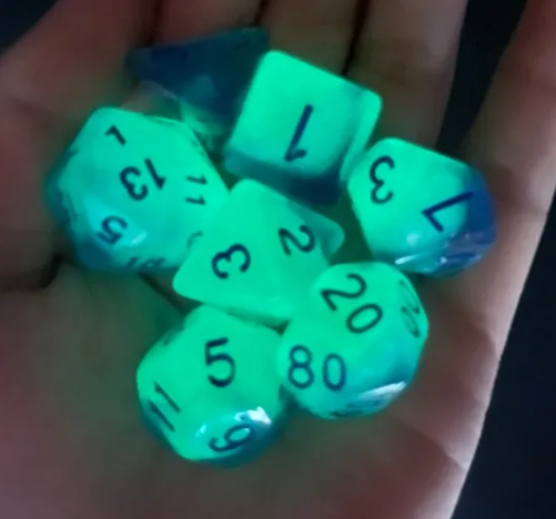 Glowing Sea 7-Dice Set Green/Blue w/Blue Glow-in-Dark Dnd Dice
