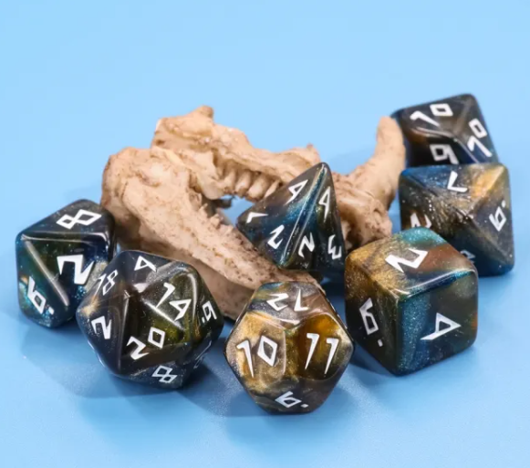 Night Walker Dice 7-Dice Set | Blue and Bronze Glitter Primitive Font
