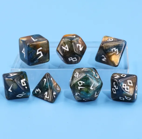 Night Walker Dice 7-Dice Set | Blue and Bronze Glitter Primitive Font