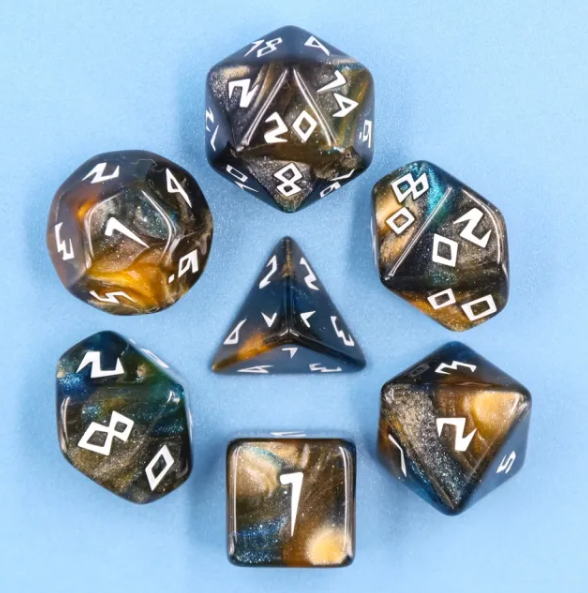 Night Walker Dice 7-Dice Set | Blue and Bronze Glitter Primitive Font