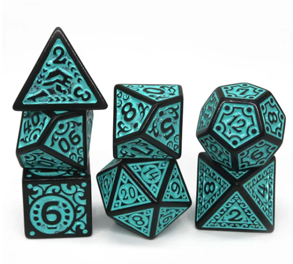 Black with Teal Ink Irregular Pattern Fill | 7-Dice Acrylic Dice Set