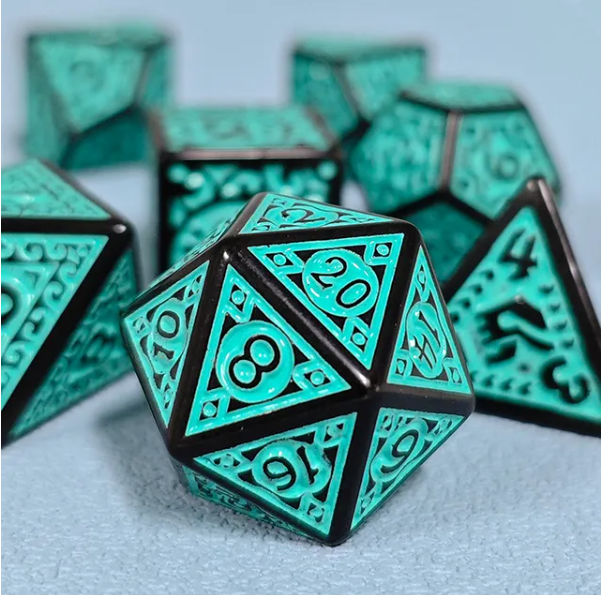 Black with Teal Ink Irregular Pattern Fill | 7-Dice Acrylic Dice Set